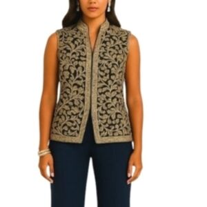 Embroidered Navy Blue Gold Exquisite Jeweled Floral Scroll Vest Embellished